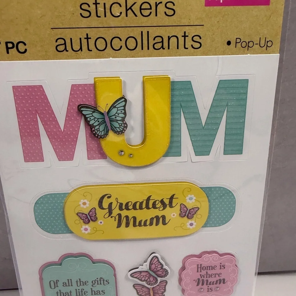 🩷5/$10 Crafted Square 'MUM' Pop-Up Sticker Set - Yellow, Pink, Teal